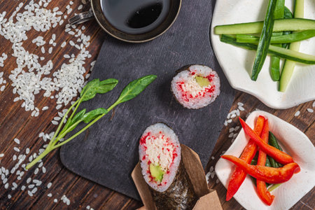 Still life. Japanese cuisine- roll in a package. Flat layの写真素材