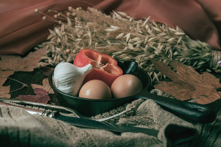 Still life- homemade food. Dark photo style- cooked scrambled eggs