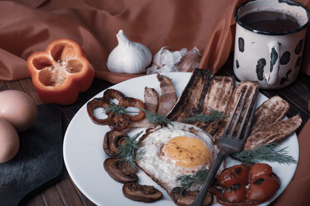 Still life- homemade food. Dark photo style- cooked scrambled eggs