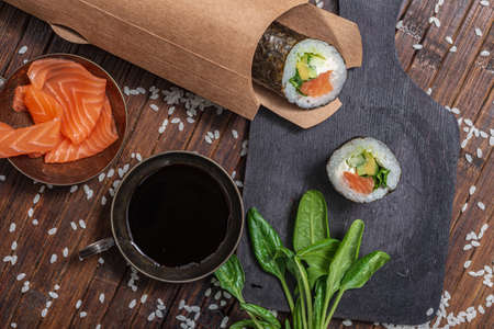 Still life. Japanese cuisine- roll in a package. Flat layの写真素材