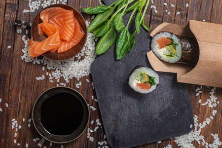 Still life. Japanese cuisine- roll in a package. Flat layの写真素材