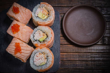 Sushi roll- gourmet fast food. Restaurant conceptの写真素材