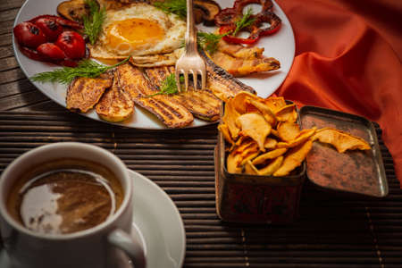 Style of cuisine- chicken egg is prepared for cooking. Still life- homemade foodの写真素材