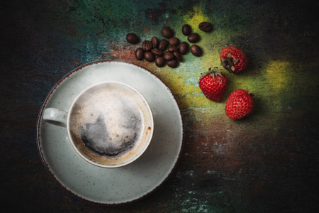 The morning treat is hot coffee and fruit on the table. Happy moodの写真素材