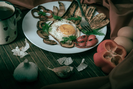 Style of cuisine- chicken egg is prepared for cooking. Still life- homemade foodの写真素材