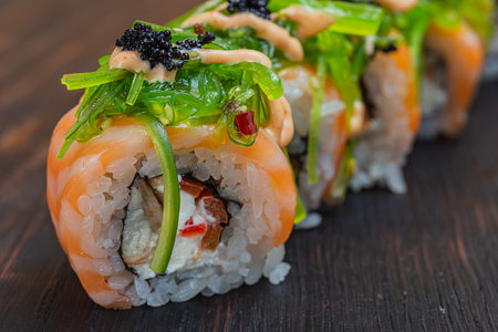 Asian traditional snack. Preparing healthy snack. Japanese sushi - fast food.の写真素材