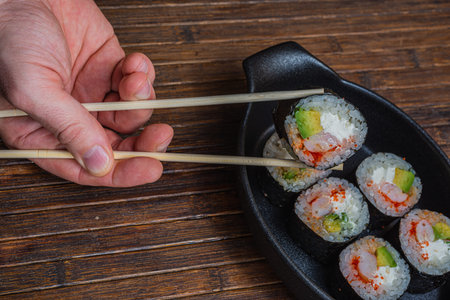 Asian traditional snack. Preparing healthy snack. Japanese sushi - fast food.の写真素材