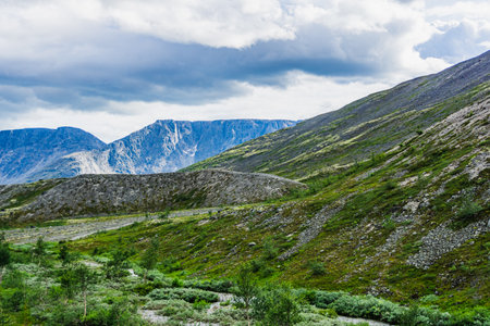 The city of Kirovsk- Murmansk region. Mountains Apatite ski resort. The Arctic region of Russia is a popular hiking trailの写真素材