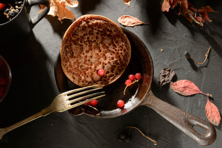 Tasty food clip art. Pancakes- morning breakfast table. Still life - dark photo style. Culinary background - appetizing moodの写真素材