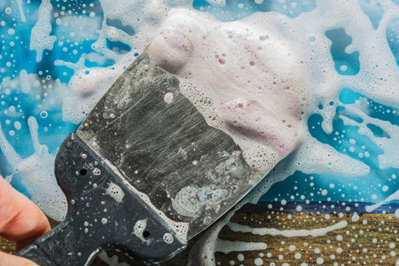 Soap foam on glass - cleaning of contaminated surfaces. clean backgroundの写真素材