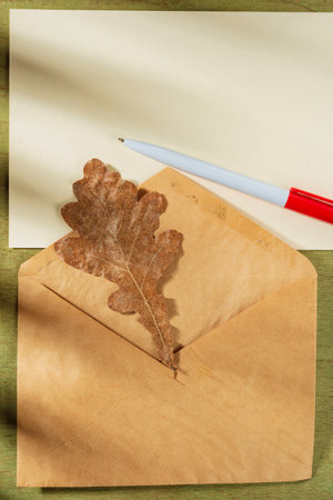 A sheet of paper, pencil and an oak leaf on a wooden tableの写真素材