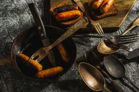 Still life in a rustic style- fried sausages in a cast-iron pan on a dark backgroundの写真素材