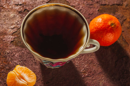 Still life- tea time. Mug of hot drink on a bright background - top viewの写真素材