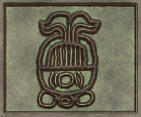 Hieroglyphic writing of the Maya tribe. Metal background- antique decoration. 3d illustrationの写真素材