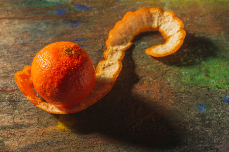 Fresh tangerines on a bright background. Abstract backdrop- top view of a still lifeの写真素材