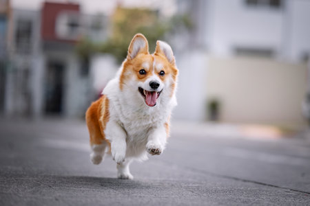 Cute funny welsh corgi pembroke running on the streetの写真素材