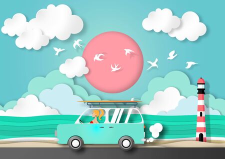 Paper art summer background with van car in summer beach view paper cut style vectorのイラスト素材