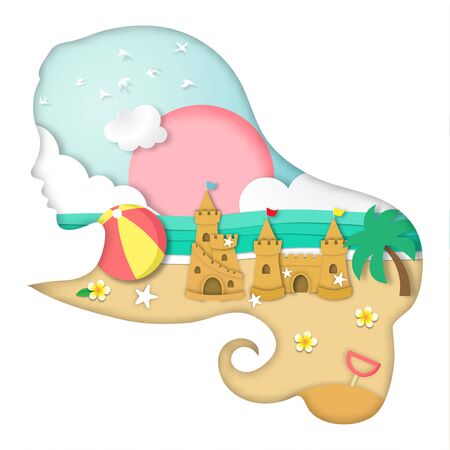 Summer background with sand castle and the beach view in lady face frame paper art style vector and illustrationのイラスト素材