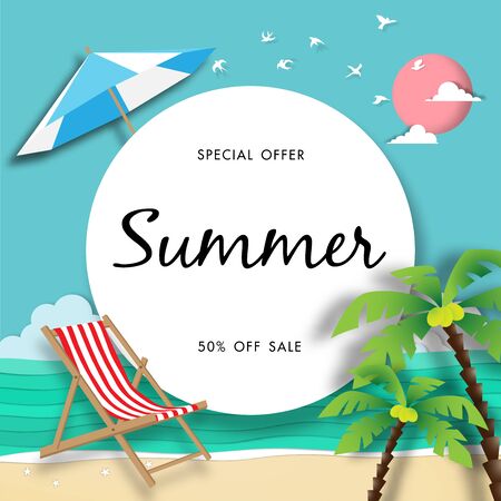 Summer sale background with the beach paper art style vector and illustrationのイラスト素材