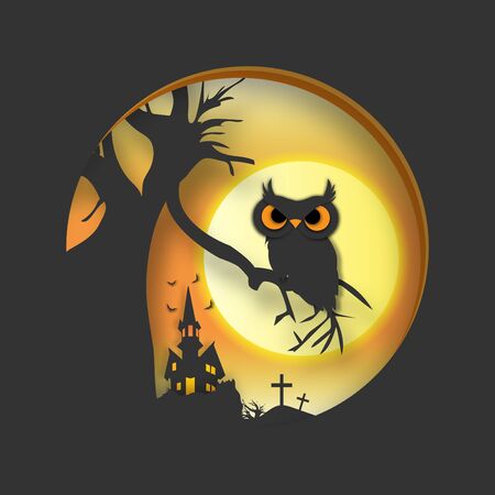 Halloween background with owl bird and super moon background in paper art style vector and illustrationのイラスト素材