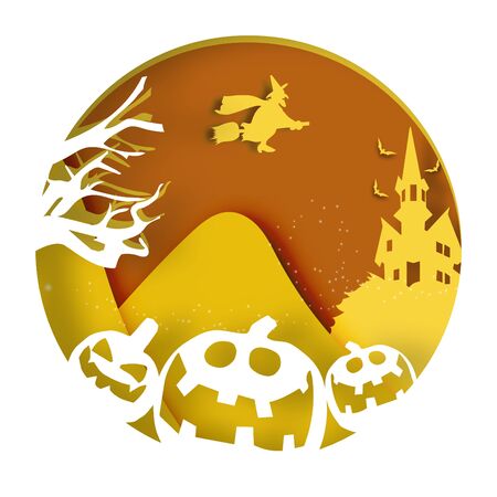Halloween background with a witch flying on broom on sky in night time vectorのイラスト素材
