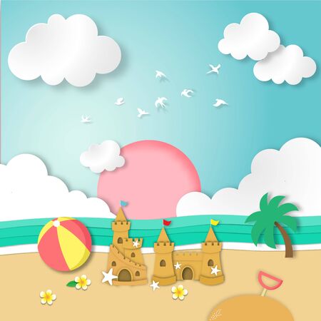 Sand castle paper art style in the beach background summer design vector and illustrationのイラスト素材