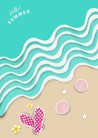 summer background, with ocean or sea wave and summer slipper shoe paper art style vectorのイラスト素材