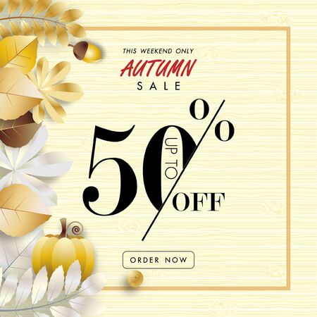 autumn sale banner background ,fifty percent sale off with golden leaf on wood texture vector or illustrationのイラスト素材