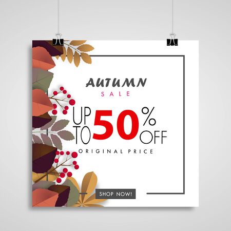 autumn sale banner background, fifty percent sale off with colorful leaf on paper billboards vector or illustrationのイラスト素材