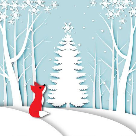 Winter season background with white christmas tree and red fox with paper art design vector and illustrationのイラスト素材