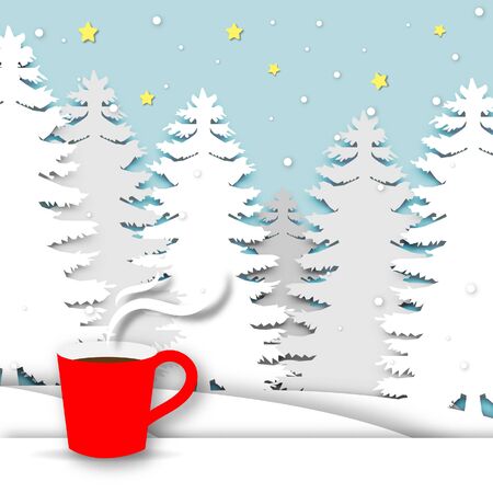 Winter season background with red coffee cup and paper art design vector and illustrationのイラスト素材