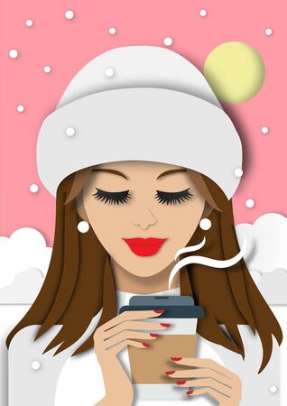 Winter season background with beautiful lady drinking coffee in snow background and paper art design vector and illustrationのイラスト素材