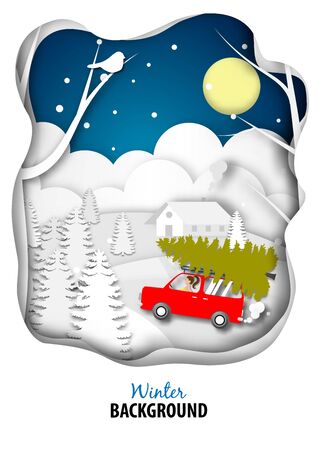 Winter season background with red van car and christmas tree paper art design vector and illustrationのイラスト素材