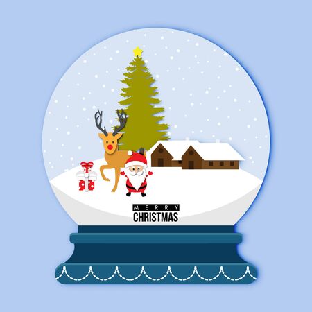 A cute snow globe with Santa claus and reindeer on Snow Background in Christmas Festival and paper art design, abstract vectorのイラスト素材