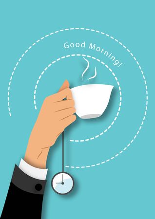 Good Morning. Conceptual Motivation Illustration with hand holding coffee cup and abstract paper art design vectorのイラスト素材