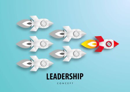 Leadership concept with red paper rocket leading white ones and paper art design vectorのイラスト素材