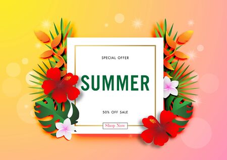 Summer sale background with paper art of tropical, vector illustration template, banners, Wallpaper, invitation, posters, brochure, voucher discountのイラスト素材