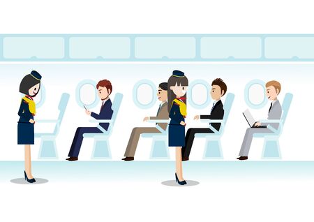 Cartoon character with beautiful air hostess on business class room jet passenger and the seat flight, aircraft seats line in cabin. Flat icon style vector.のイラスト素材