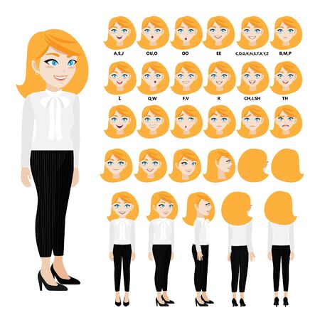 Cartoon character with business woman in casual wear for animation. Front, side, back, 3-4 view character. Separate parts of body. Flat vector illustration.のイラスト素材