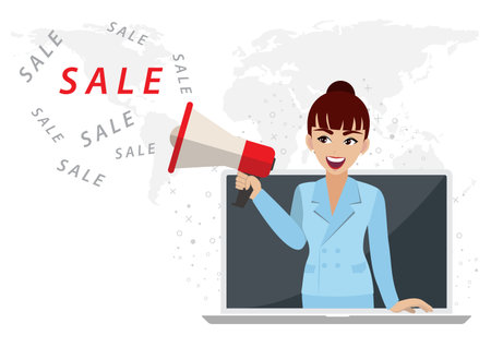 Woman with megaphone or loudspeaker promoting sale in laptop. Online or digital market concept with cartoon character or flat icon design vectorのイラスト素材