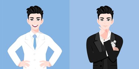 A handsome groom man with a wedding man's suit two styles on the wedding day in a blue background. Valentine's Day cartoon character and abstract design vectorのイラスト素材