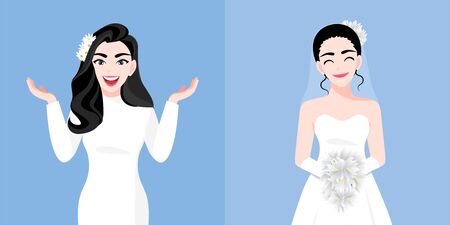 A beautiful young woman with a bride dress two styles on the wedding day in a blue background. Valentine's Day cartoon character and abstract design vectorのイラスト素材