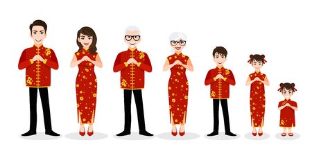 Chinese big family cartoon character greeting in Chinese new year festival on white background vectorのイラスト素材
