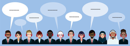 Group of call center, customer support, helpdesk or service concept. Different nationalities people....