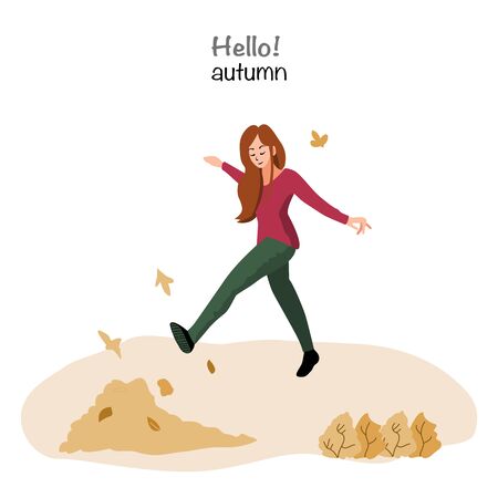 Lady in the autumn park having fun in autumn leaves background. Casual female in forest in fall vectorのイラスト素材