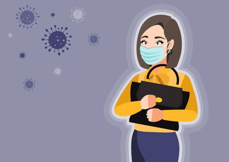 Cartoon character with young woman wearing medical mask on face to  to prevent disease. Coronavirus. Vector illustration in a flat styleのイラスト素材