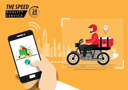 Food delivery app on a smartphone tracking a delivery man on a moped with a ready meal, technology and logistics concept, city skyline in the background. のイラスト素材