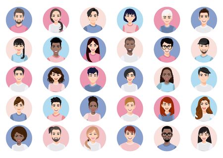 Big bundle of different people avatars. Set of male and female portraits. Men and women avatar characters. User pic, face icons for representing person in a video game, Internet forum, account. Vectorのイラスト素材