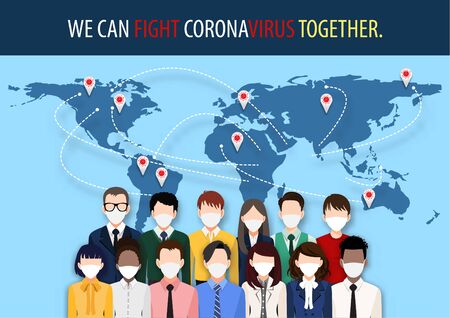 Cartoon character with people around the world wearing face masks standing fighting for Corona-virus, Covid-19 on world map. Corona virus disease awareness vector.のイラスト素材