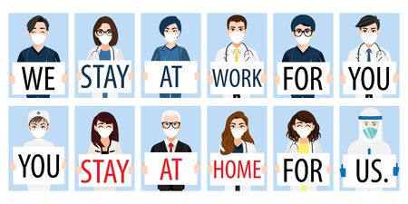 Cartoon character with doctors, nurses and medical staff holding poster requesting people avoid Corona virus and Covid-19 spreading by staying at home. Corona virus Disease awareness vectorのイラスト素材
